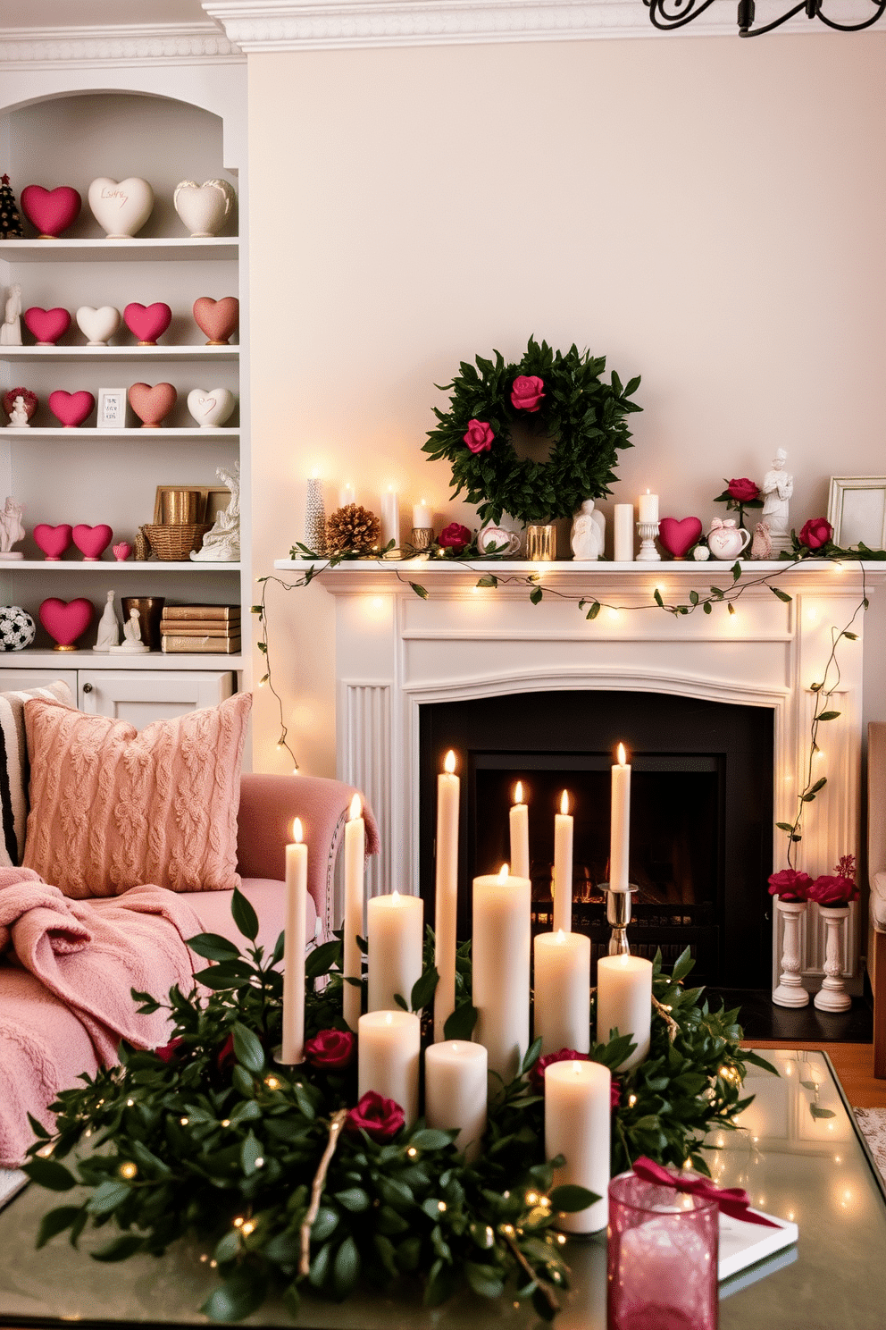 A cozy living room adorned with love-themed figurines, capturing the essence of romance. The space features a plush sofa draped with soft, pastel-colored throws, while the shelves are lined with charming heart-shaped sculptures and delicate porcelain figures. In front of a crackling fireplace, a mantle is beautifully decorated for Valentine's Day. It showcases an array of candles in varying heights, surrounded by lush greenery and twinkling fairy lights, creating an inviting atmosphere perfect for a romantic evening.