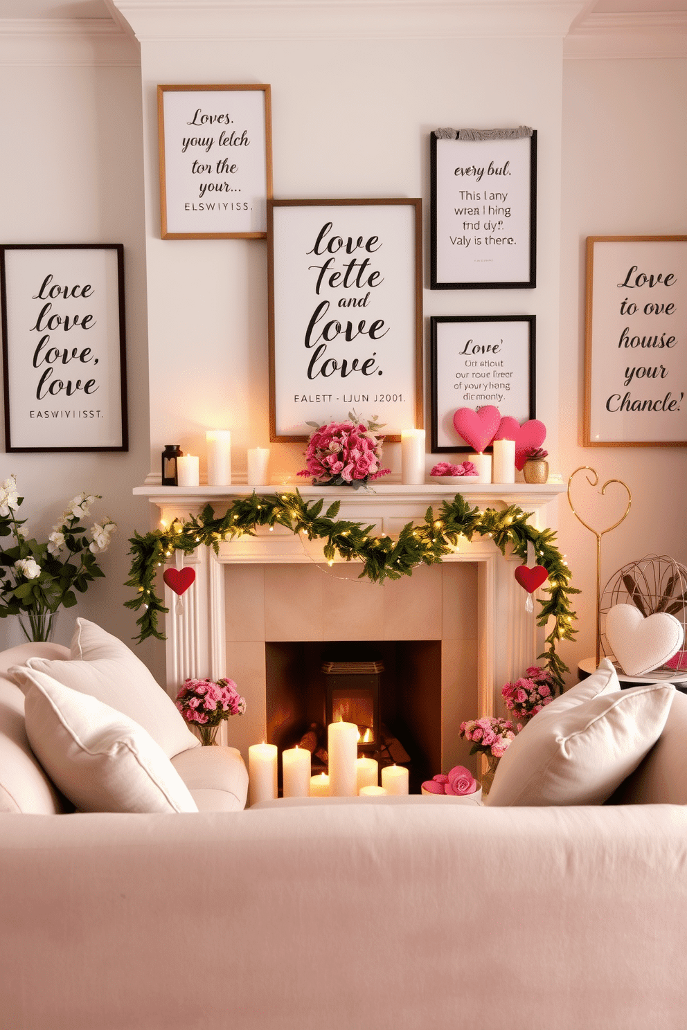 A cozy living room adorned with love-themed framed quotes hanging on the walls, each beautifully designed in elegant typography. A plush sofa in soft hues faces a charming fireplace, which is decorated with romantic candles and fresh flowers for a warm, inviting atmosphere. The fireplace mantel is draped with delicate garlands of greenery and fairy lights, creating a magical ambiance. Heart-shaped decorations and tasteful Valentine’s Day accents are artfully arranged around the room, enhancing the overall theme of love and romance.