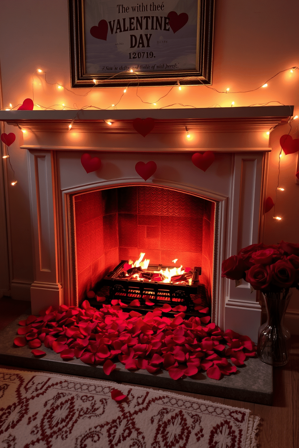 A romantic Valentine's Day setting featuring a cozy fireplace adorned with rose petals scattered across the mantel. Delicate fairy lights twinkle above, casting a warm glow that enhances the intimate atmosphere of the room.