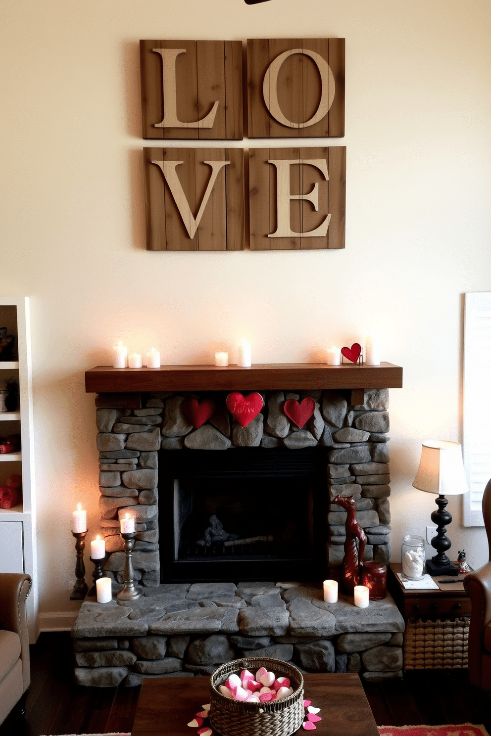 A cozy living room adorned with rustic wooden love signs that hang above a stone fireplace. The mantel is decorated with candles and heart-shaped accents, creating a warm and inviting atmosphere for Valentine's Day.