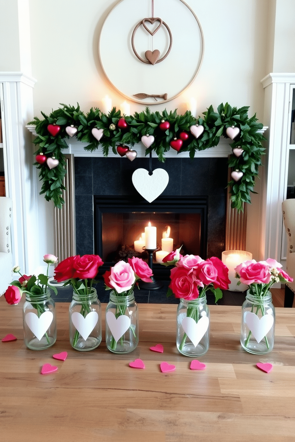 A cozy living room adorned for Valentine's Day features heart-adorned mason jar vases scattered across a rustic wooden coffee table. The vases, filled with fresh flowers in shades of pink and red, create a warm and inviting atmosphere. Above the elegant fireplace, a beautiful garland made of lush greenery and heart-shaped ornaments drapes gracefully. Soft, flickering candlelight adds a romantic glow, enhancing the festive charm of the space.