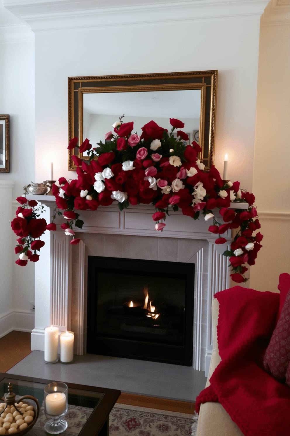 A cozy living room adorned for Valentine's Day features a classic fireplace, elegantly decorated with a garland of lush red and white flowers draping across the mantel. Soft candlelight flickers from ornate candlesticks, casting a warm glow on the surrounding space, while a plush red throw blanket adds a touch of romance to the seating area.