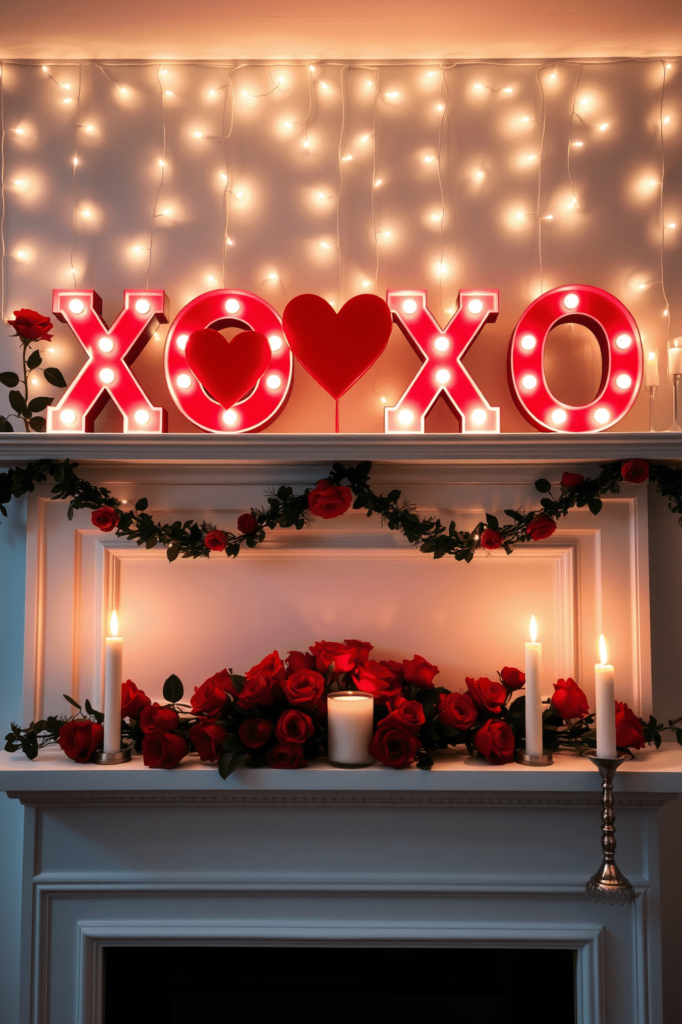 A romantic XOXO marquee light display is set against a backdrop of soft, twinkling fairy lights. The lights emit a warm glow, creating an inviting atmosphere perfect for a cozy evening. The fireplace is adorned with elegant Valentine's Day decorations, featuring lush red roses and heart-shaped garlands. Candles in varying heights are placed along the mantel, casting a gentle flicker that enhances the romantic ambiance.