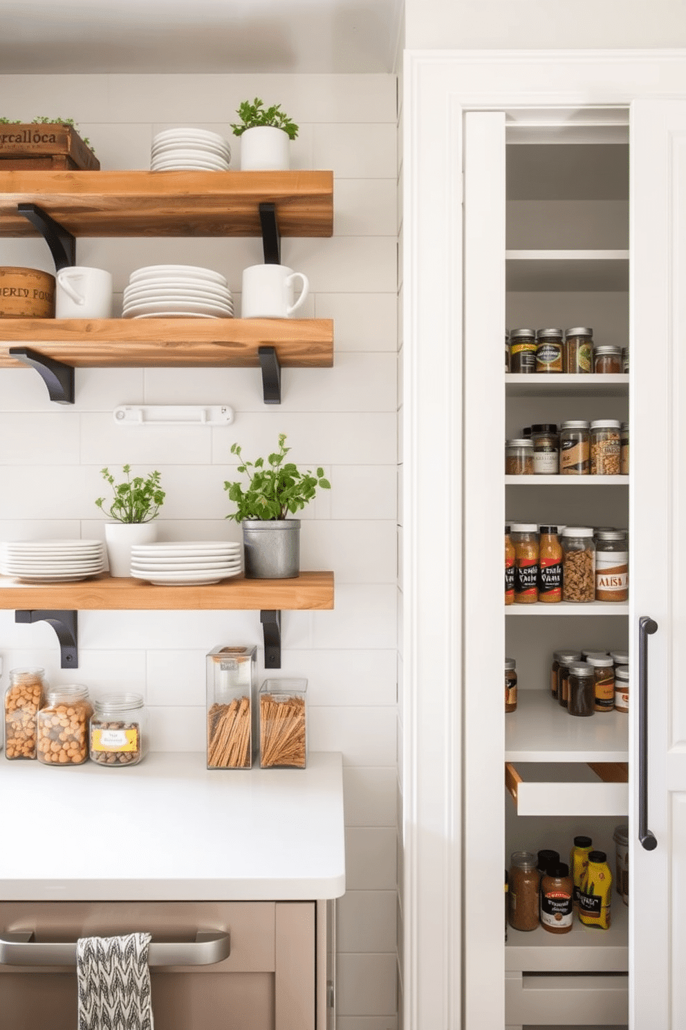 A modern farmhouse kitchen features open shelving made of reclaimed wood, showcasing a mix of rustic dishware and potted herbs. The shelves are accented with vintage-style brackets, and the backdrop is a soft white shiplap that enhances the cozy atmosphere. In a well-organized food pantry, sleek cabinetry combines functionality with style, featuring pull-out shelves and labeled glass containers for easy access. Natural light filters in through a small window, illuminating the space and highlighting the neatly arranged spices and snacks.