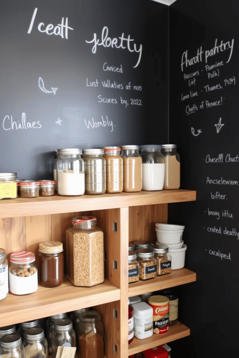 A stylish food pantry featuring chalkboard paint on the walls, perfect for labeling jars and organizing ingredients. The space includes open shelving made of reclaimed wood, with glass jars neatly arranged and labeled for easy access.