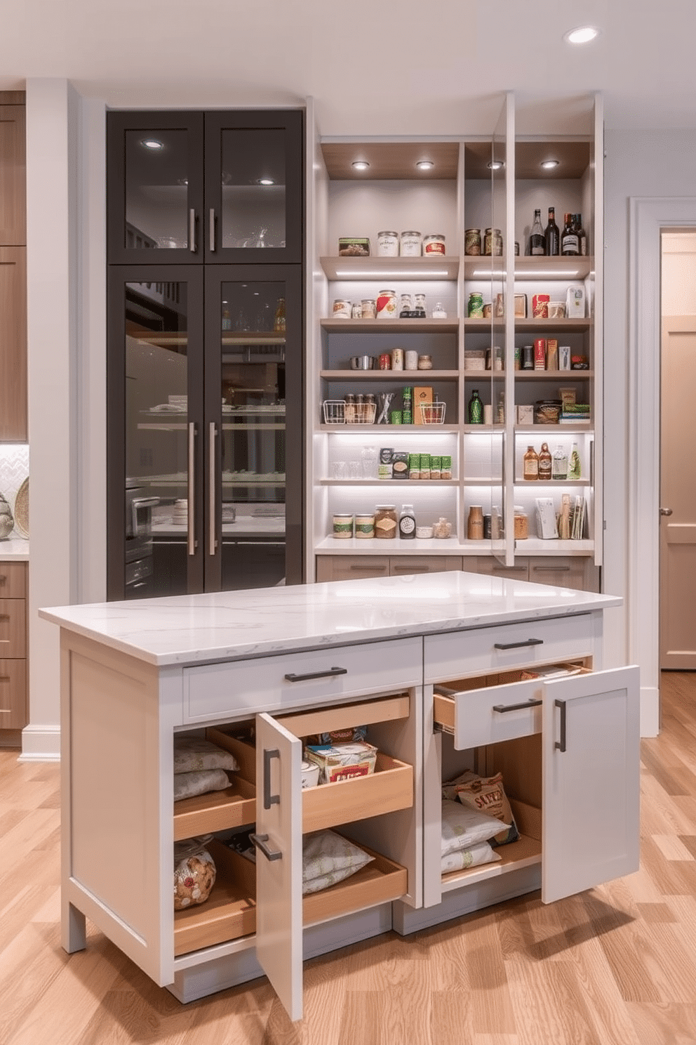 A multi-functional kitchen island features ample pantry storage, seamlessly blending style and practicality. The island is topped with a sleek quartz surface, while beneath, pull-out shelves and cabinets provide organized space for dry goods and kitchen essentials. The food pantry design showcases a modern aesthetic with open shelving and glass-front cabinets, allowing for easy access and visibility of items. Soft LED lighting highlights the pantry's contents, creating an inviting atmosphere while maintaining functionality.