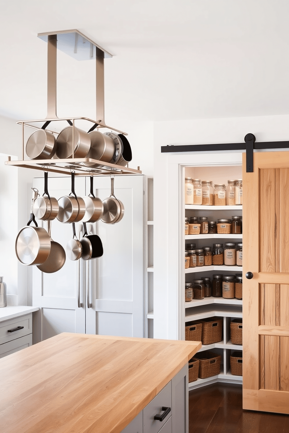 A modern kitchen featuring hanging racks for pots and pans. The racks are made of brushed stainless steel, suspended from the ceiling above a spacious island with a butcher block countertop. Adjacent to the hanging racks, a beautifully organized food pantry showcases open shelving filled with labeled glass jars and baskets. The pantry walls are painted a soft white, creating a bright and inviting atmosphere, while a sliding barn door adds rustic charm.