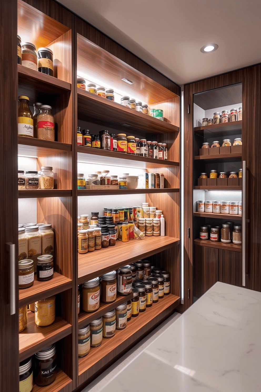 A modern food pantry featuring lighted shelves that enhance both ambiance and visibility. The shelves are made of sleek wood with integrated LED lighting, illuminating jars of spices and neatly organized canned goods.