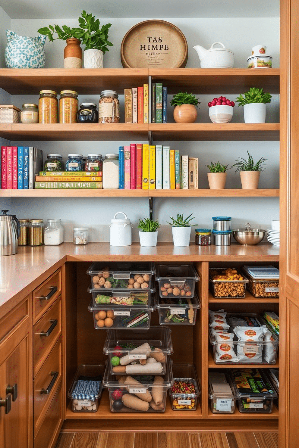 Open shelving with decorative accents. The shelves are filled with a curated selection of artisanal jars, colorful cookbooks, and potted herbs, creating an inviting and functional display. Food pantry design ideas. The pantry features a combination of pull-out drawers and open shelving, organized with clear bins and labeled containers for easy access to ingredients and snacks.