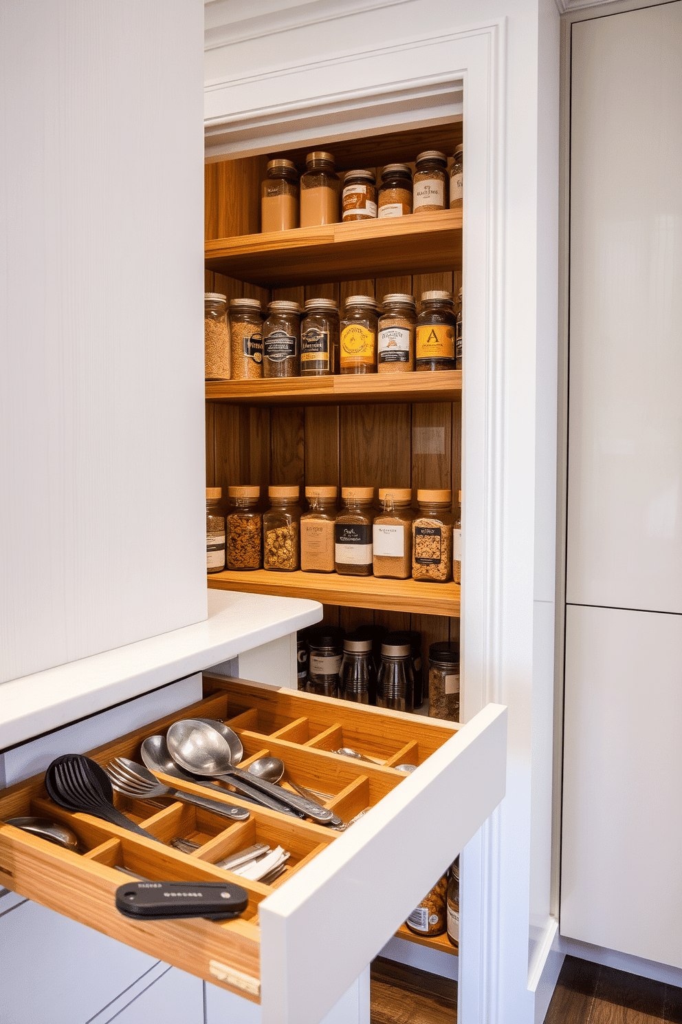 A sleek kitchen drawer features custom dividers made of bamboo, neatly organizing utensils by size and type for easy access. The dividers create a clean and efficient space, enhancing the overall functionality of the kitchen. The food pantry is designed with open shelving made of reclaimed wood, showcasing neatly arranged jars of spices and dry goods. Soft, ambient lighting highlights the organized shelves, creating an inviting atmosphere for meal preparation and storage.