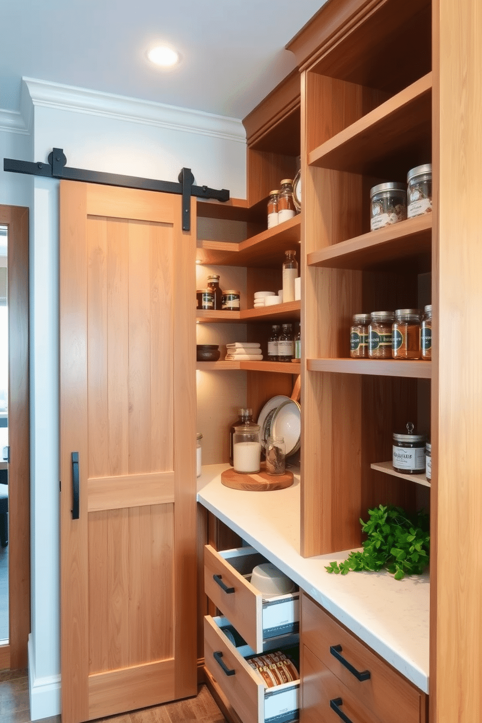 A corner pantry that maximizes space with custom shelving and pull-out drawers for easy access to ingredients. The design features a combination of open and closed storage, with a warm wood finish and soft, ambient lighting to create an inviting atmosphere. The pantry includes a countertop for meal prep, adorned with decorative jars and fresh herbs. A sliding barn door adds a rustic touch while saving space in the kitchen layout.