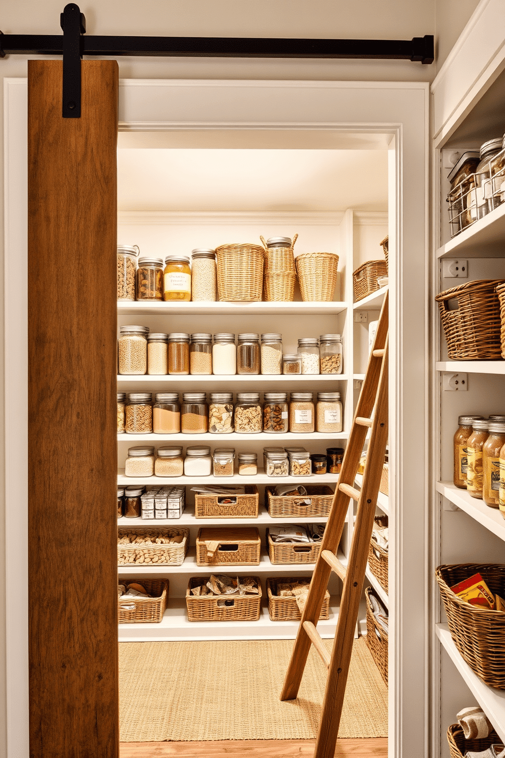 A charming pantry featuring a sliding barn door entrance that adds rustic appeal. Inside, shelves are lined with neatly organized jars and baskets, showcasing a variety of grains, spices, and snacks. The walls are painted in a soft cream color, creating a warm and inviting atmosphere. A small wooden ladder leans against the shelves, providing easy access to the topmost items while enhancing the pantry's farmhouse aesthetic.