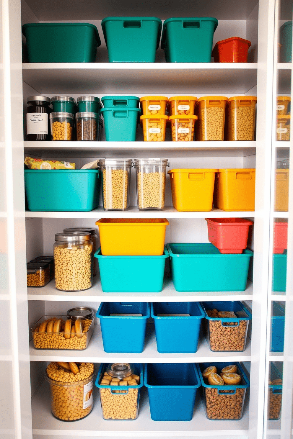 A stylish food pantry featuring color-coordinated food storage bins arranged neatly on open shelves. The bins are in shades of teal, mustard, and coral, creating a vibrant and organized look against the soft white walls.