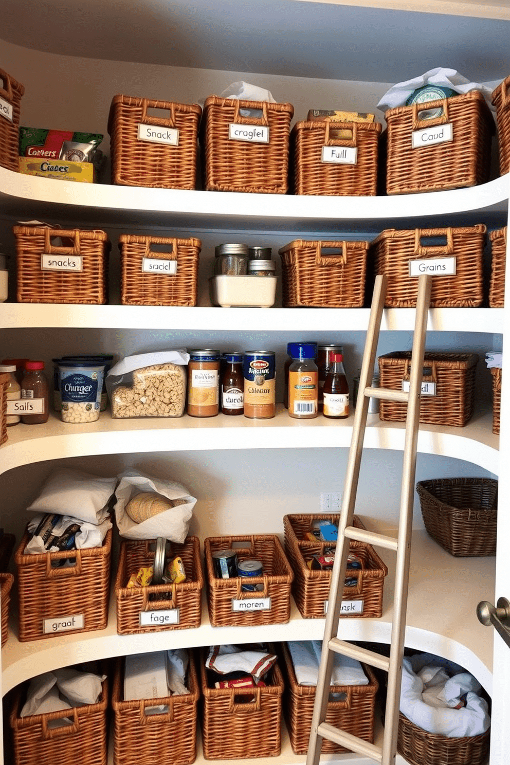 A beautifully organized food pantry featuring decorative baskets for versatile storage. The shelves are lined with various sizes of woven baskets, each labeled for easy access to snacks, grains, and canned goods. The walls are painted in a soft, inviting color, creating a warm atmosphere. A small, stylish ladder leans against the shelves, adding both functionality and charm to the design.