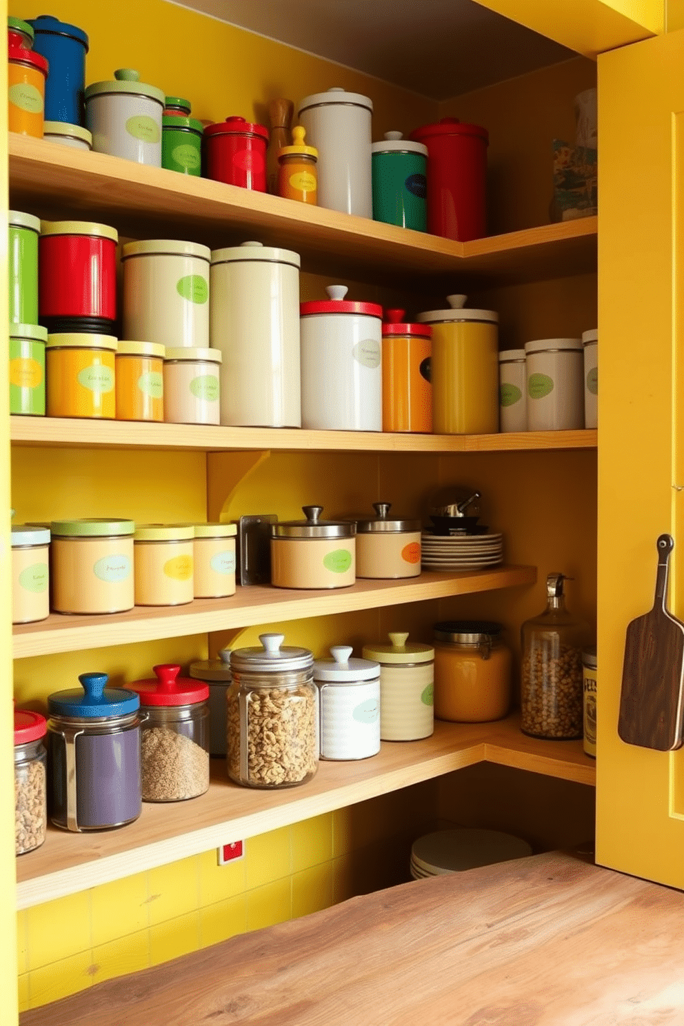 A vibrant food pantry featuring colorful canisters in various shapes and sizes, neatly organized on open shelves. The walls are painted in a cheerful yellow hue, complemented by a rustic wooden countertop that adds warmth to the space.