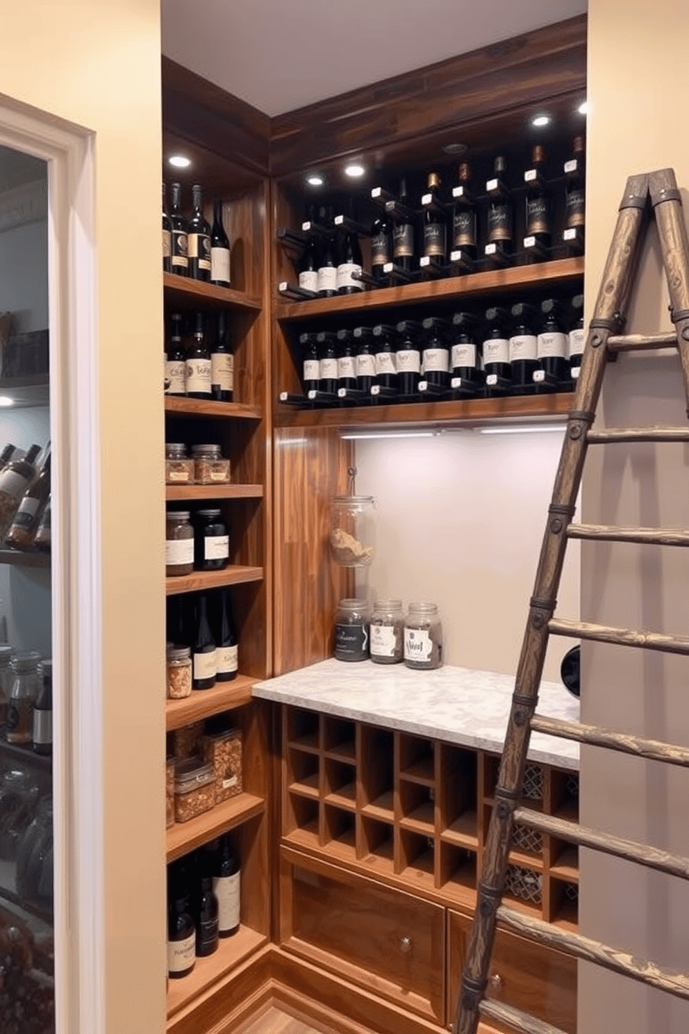 A stylish pantry featuring an integrated wine rack made of reclaimed wood, showcasing an array of fine wines. The shelves are neatly organized with glass jars filled with various dry goods, while a small marble countertop provides space for meal prep. The walls are painted in a warm beige, complemented by soft LED lighting that highlights the wine selection. A rustic ladder leans against the shelves, adding both functionality and charm to the overall design.