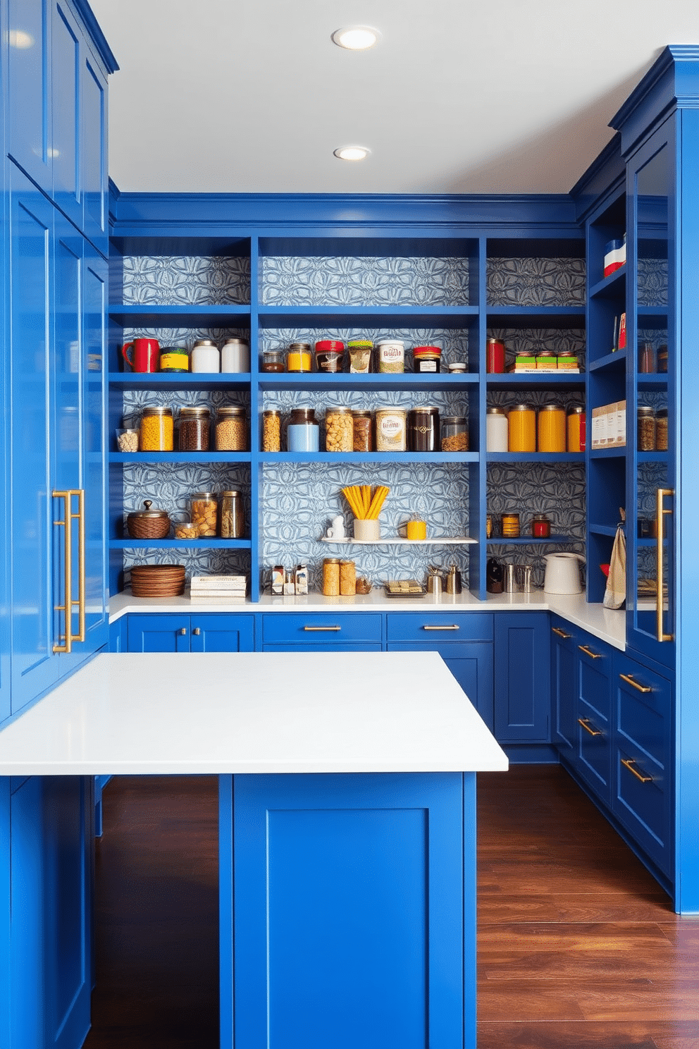 A contemporary pantry featuring bold colors, with vibrant blue cabinetry and sleek gold hardware. The walls are adorned with geometric wallpaper, and the floor is a rich dark wood that adds warmth to the space. Open shelving displays an array of colorful canisters and jars, creating an organized yet visually striking effect. A central island with a white quartz countertop provides additional storage and a space for meal prep.