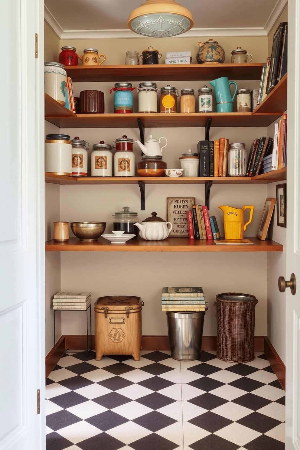 A vintage-inspired pantry filled with retro elements, featuring open wooden shelves displaying colorful ceramic jars and vintage cookbooks. The walls are painted a soft pastel color, and a classic checkered floor adds to the nostalgic charm of the space.