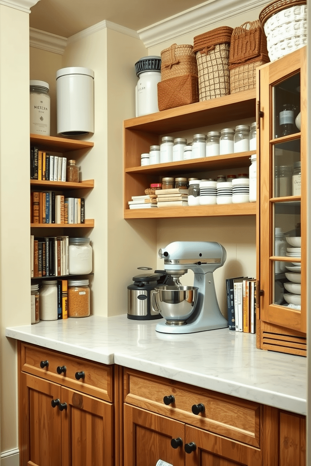 A charming pantry featuring a dedicated baking station. The baking area includes a spacious countertop with a marble surface, surrounded by organized shelves filled with baking essentials and cookbooks. The pantry walls are painted in a soft cream color, creating a warm and inviting atmosphere. Rustic wooden cabinets with glass doors showcase neatly arranged jars of flour, sugar, and spices, while a stylish stand mixer sits prominently on the countertop.