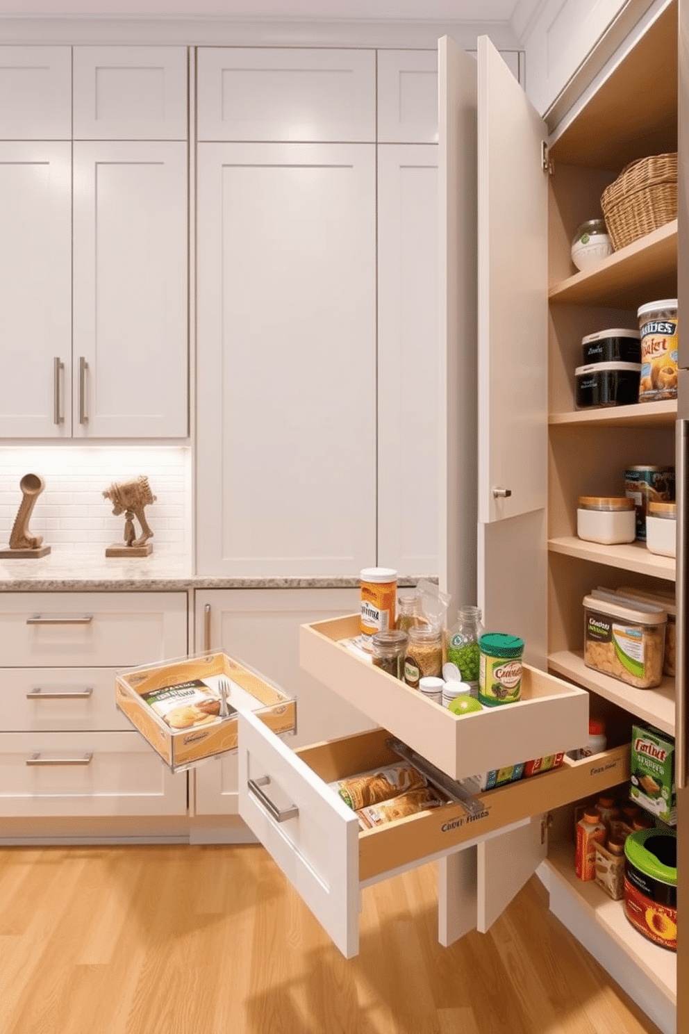 Smart storage solutions with pull-out trays enhance functionality and organization in any kitchen. Imagine sleek cabinetry with integrated pull-out trays that maximize space while keeping ingredients easily accessible. Food pantry design ideas should prioritize both aesthetics and practicality. Visualize a spacious pantry with open shelving, labeled containers, and a dedicated area for bulk items, creating an inviting and efficient storage space.