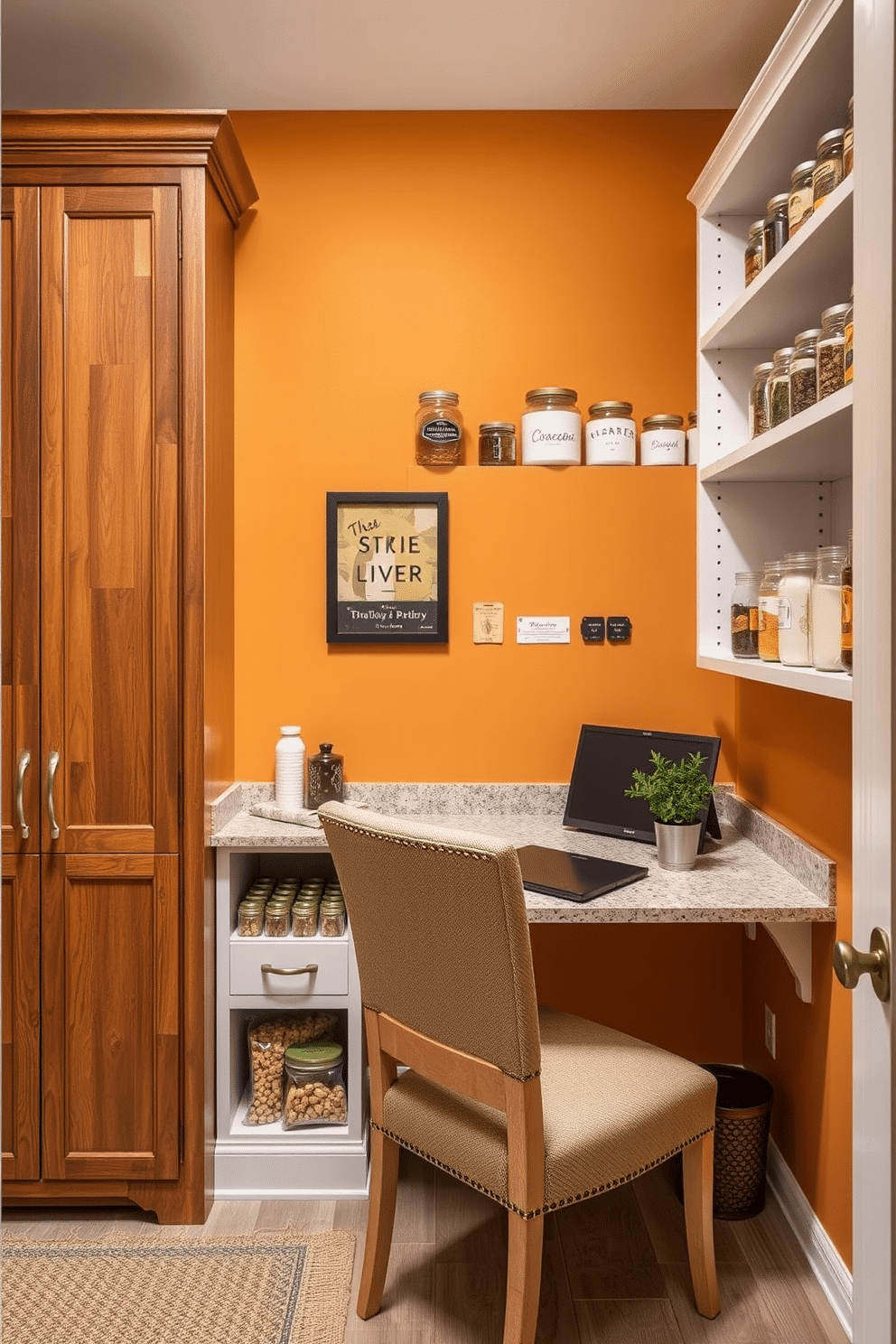 A cozy pantry design featuring a small desk area for meal planning and organization. The walls are painted in a warm, inviting color, with open shelving displaying neatly arranged jars and containers. To the left of the desk, there's a built-in wooden cabinet with a rustic finish, providing ample storage for kitchen essentials. A comfortable chair is positioned at the desk, and a small potted herb plant adds a touch of greenery to the space.