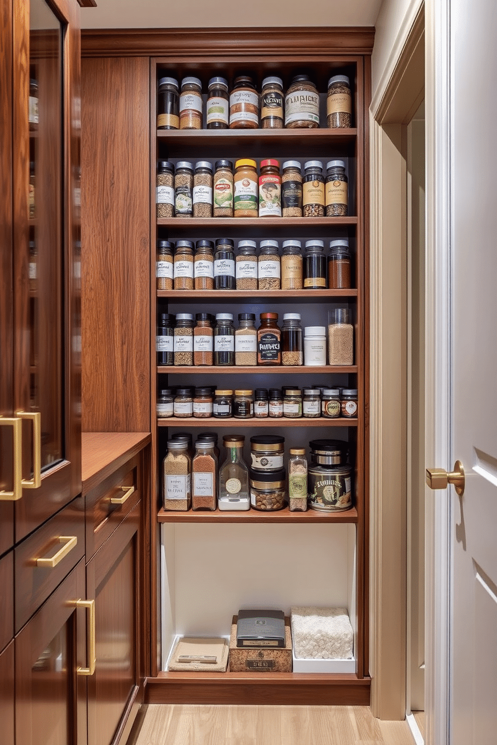 A stylish pantry featuring a spice rack wall, with an organized array of jars and containers neatly displayed for easy access. The cabinetry is a rich walnut finish, complemented by brass hardware, and the walls are painted a soft cream to enhance the warm tones of the wood.