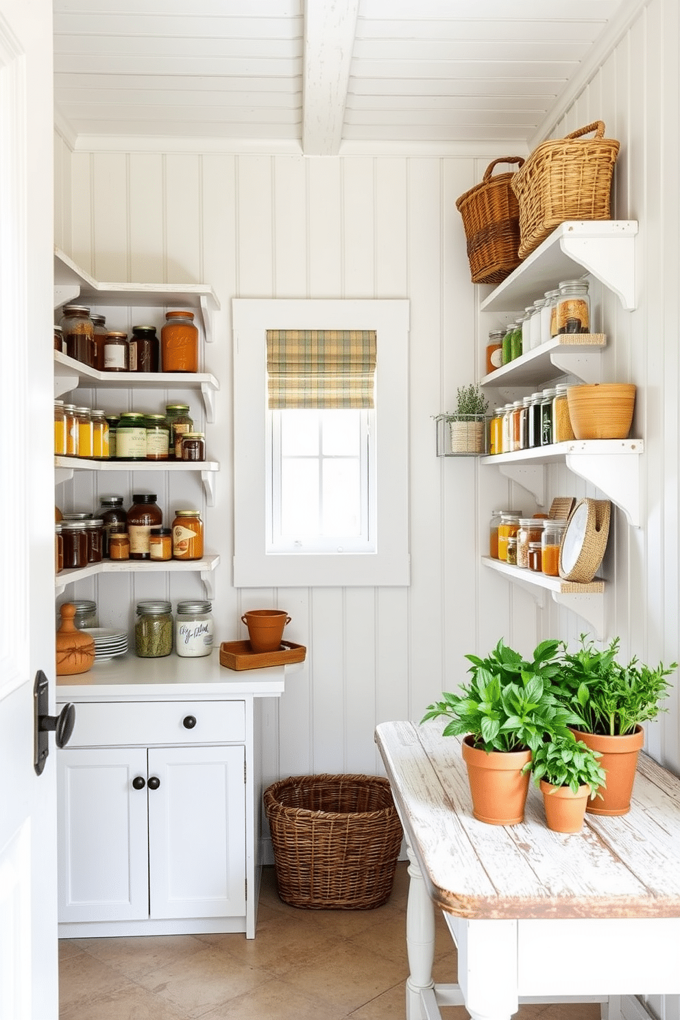 A charming cottage-style pantry featuring beadboard walls painted in soft white, creating a bright and airy atmosphere. Rustic wooden shelves are filled with neatly organized jars and baskets, showcasing an array of colorful ingredients and pantry staples. In one corner, a vintage farmhouse table serves as a workspace, adorned with fresh herbs in terracotta pots. Natural light pours in through a small window, illuminating the space and enhancing the cozy, inviting feel of the pantry.