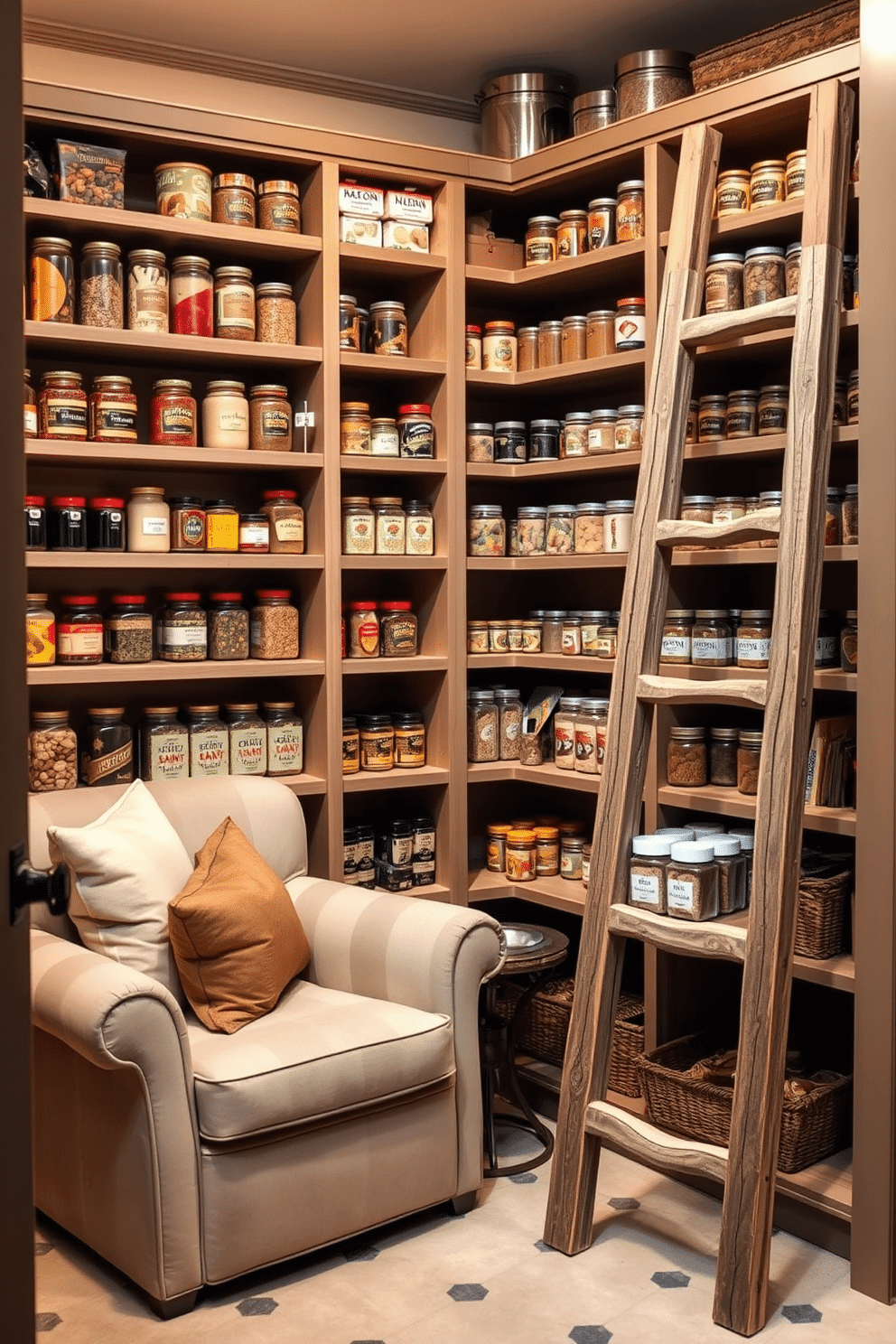 A charming pantry design featuring a cozy reading nook in one corner. The nook includes a plush armchair with soft cushions, a small side table for books, and warm lighting that creates an inviting atmosphere. The pantry shelves are filled with neatly organized jars and containers, showcasing an array of colorful ingredients. A rustic wooden ladder leans against one shelf, providing easy access to the higher items while adding to the overall aesthetic.