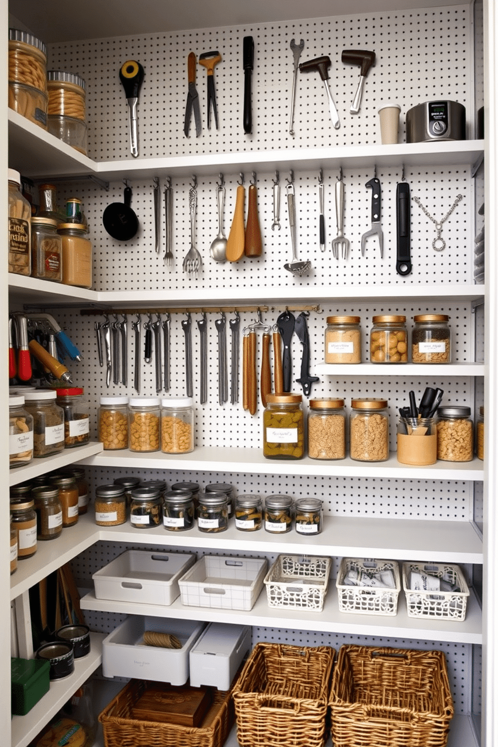 A modern pantry featuring a pegboard wall for organized tool storage, with various hooks displaying kitchen utensils and gadgets. The shelves are filled with neatly labeled jars and baskets, creating a visually appealing and functional space.