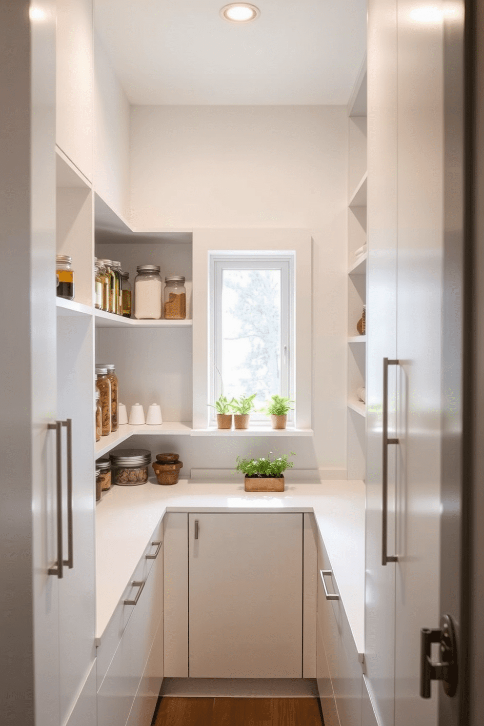 A minimalist pantry featuring sleek, handle-less cabinetry in a soft white finish. The space is organized with open shelving displaying neatly arranged jars and containers, creating a clean and airy atmosphere. Natural light filters in through a small window, highlighting the smooth, polished countertops. A subtle pop of color is introduced with potted herbs on the windowsill, enhancing the functional yet stylish design.