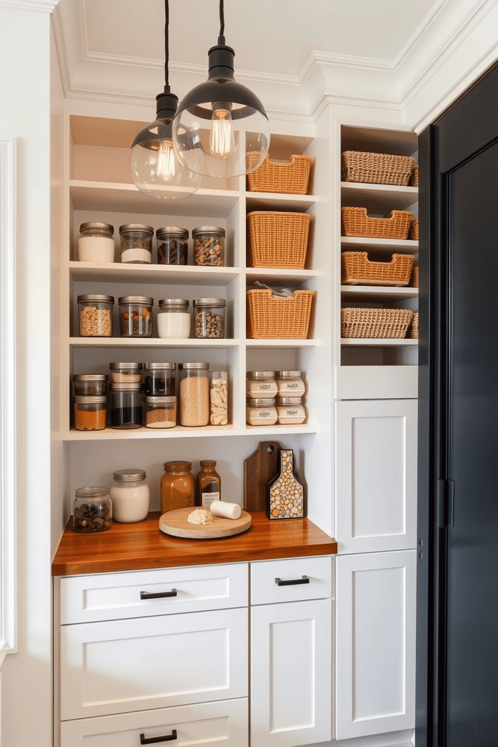 A beautifully designed pantry featuring a mix of open and closed storage options. The open shelves display neatly organized jars and baskets, while the closed cabinets provide a sleek, streamlined look. The walls are painted in a soft, warm white, creating a bright and inviting atmosphere. A wooden countertop serves as a functional workspace, complemented by stylish pendant lighting hanging above.