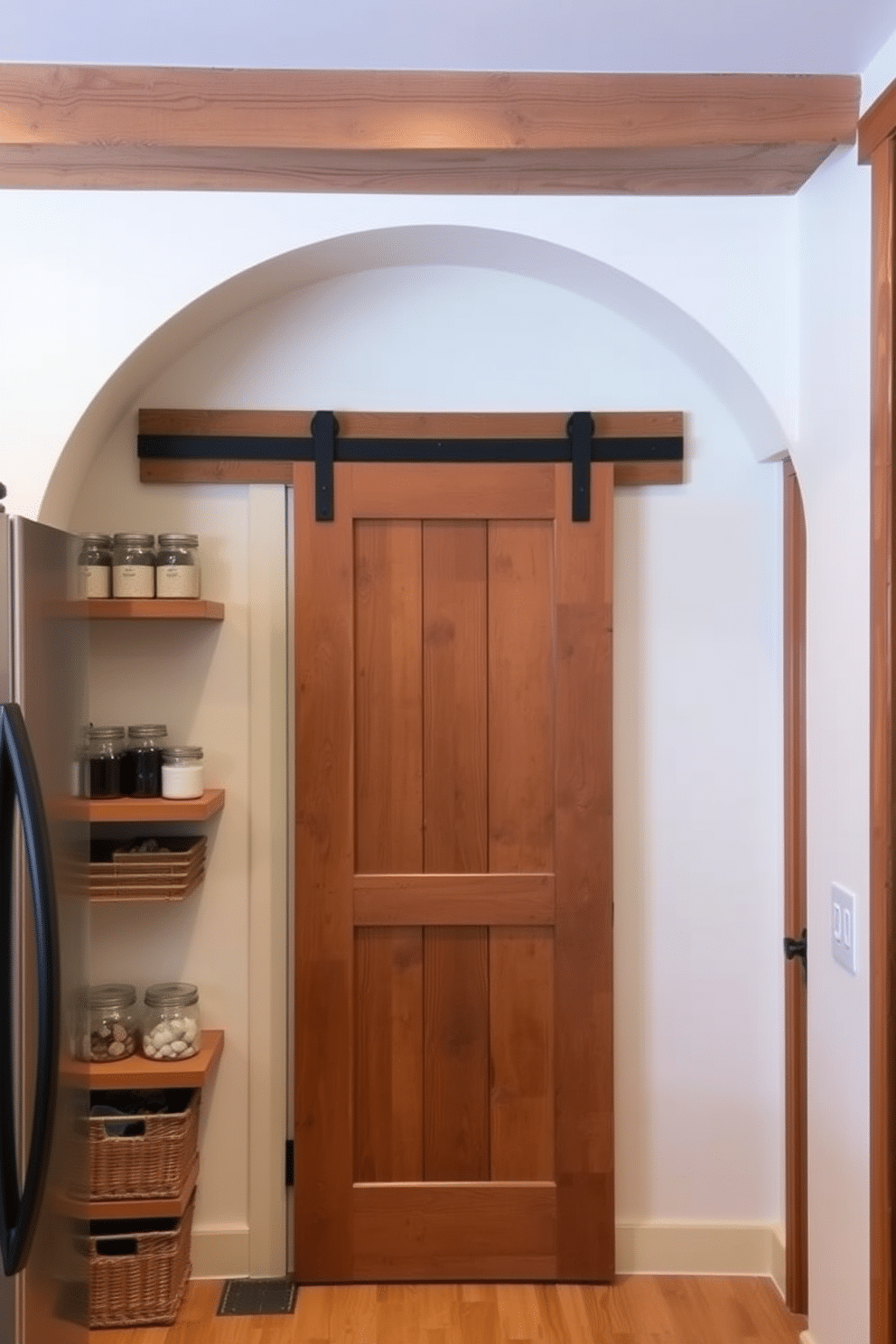 A cozy food pantry featuring rustic wood accents, with open shelving made from reclaimed barn wood displaying neatly organized jars and baskets. Soft, warm lighting illuminates the space, highlighting the natural textures and creating an inviting atmosphere. A large wooden sliding door leads into the pantry, adding a touch of charm and practicality. The walls are painted in a soft cream color, complementing the rich tones of the wood and enhancing the overall warmth of the design.