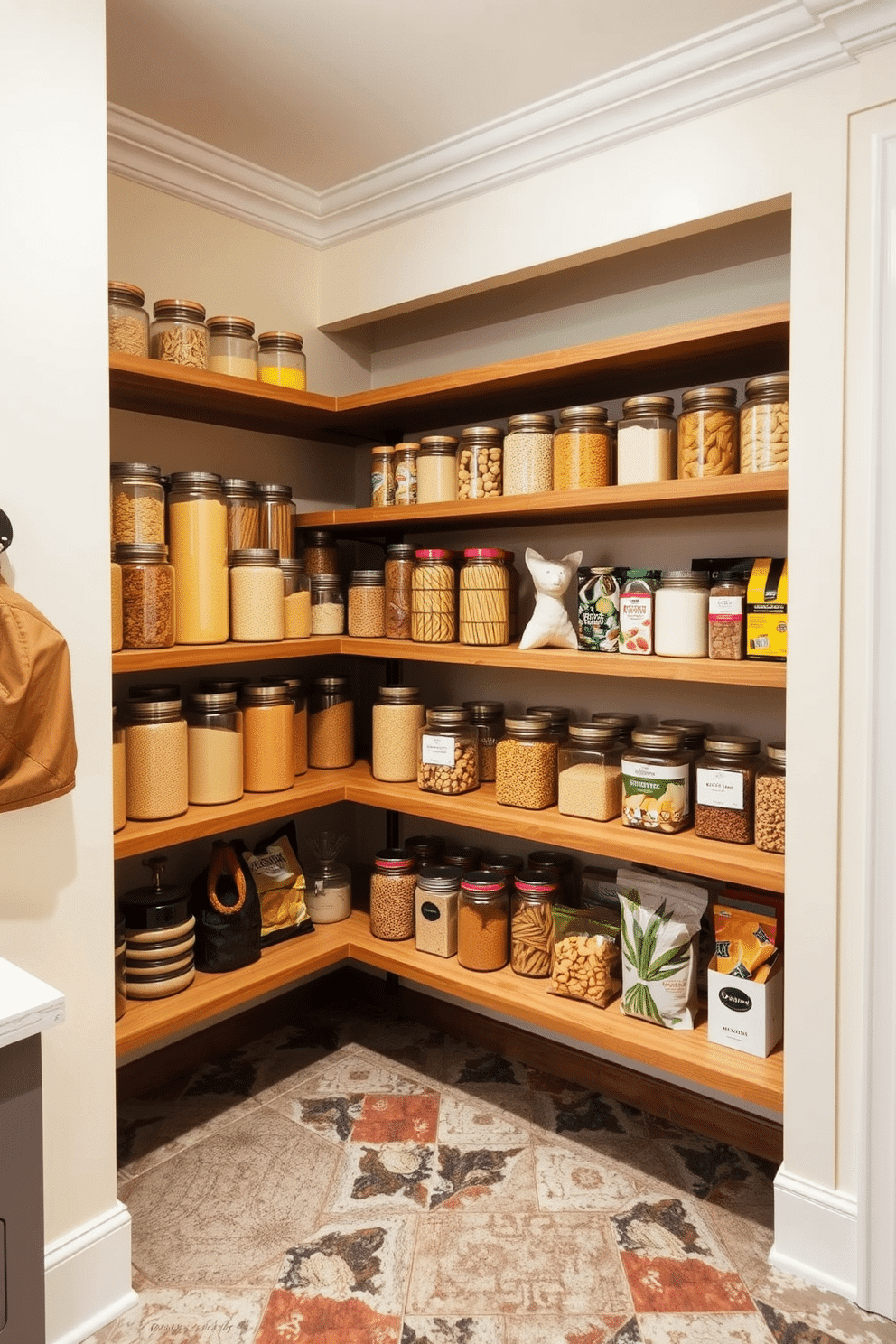 A stylish food pantry featuring glass jars arranged on open wooden shelves, showcasing colorful grains, pasta, and snacks for organized visibility. The walls are painted in a soft cream color, and the floor is adorned with rustic tiles, creating a warm and inviting atmosphere.