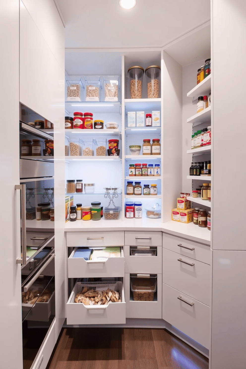 A modern food pantry design features pull-out drawers that provide easy access to all your essentials. The cabinetry is finished in a sleek white lacquer, and the interior is organized with clear containers and labeled bins for a streamlined look. Soft LED lighting illuminates the space, highlighting the neatly arranged shelves stocked with spices, canned goods, and dry ingredients. A small countertop area is included for meal prep, complemented by a stylish backsplash that adds a pop of color.