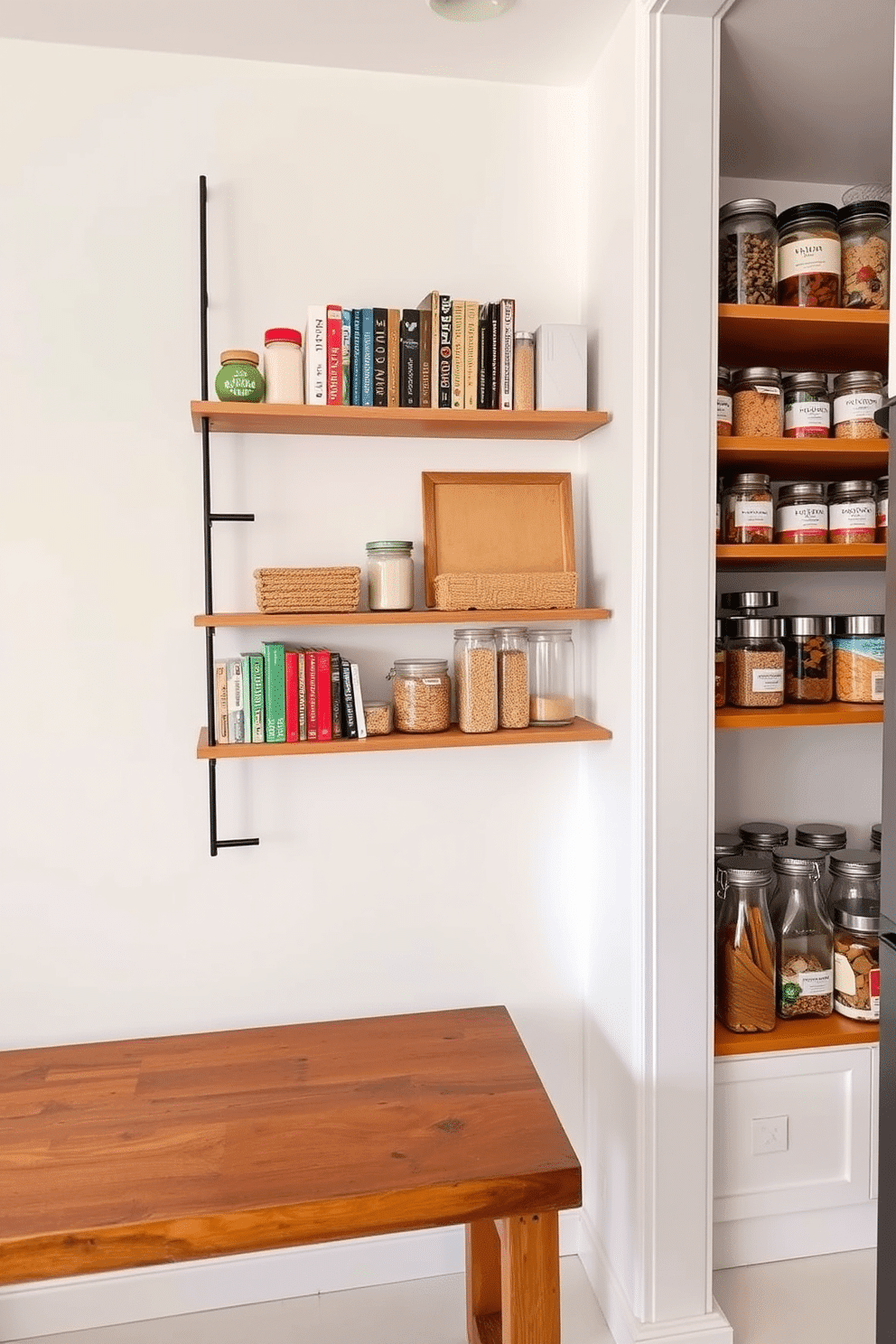 A modern kitchen features a sleek ladder shelving unit against a bright white wall, showcasing an array of colorful cookbooks and decorative jars. Below, a rustic wooden table complements the shelves, creating a cozy yet stylish atmosphere. In a well-organized food pantry, open shelving displays neatly labeled containers filled with grains, spices, and snacks. The warm wood tones of the shelves contrast beautifully with the bright white tiles, enhancing the pantry's inviting ambiance.