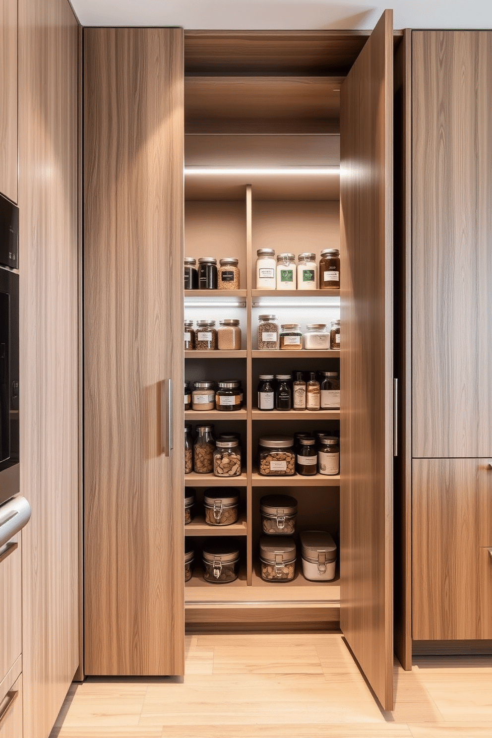 A modern built-in pantry with hidden doors seamlessly blends into the kitchen cabinetry, featuring sleek wood finishes and minimalist hardware. Inside, organized shelves display an array of neatly labeled jars and containers, while a subtle LED strip light illuminates the space, enhancing its functionality and aesthetic appeal.