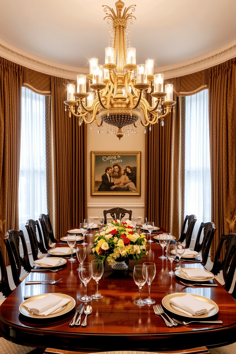 A formal dining room featuring an elegant mahogany table set for a dinner party. The table is adorned with fine china, crystal glassware, and polished silverware, complemented by a tasteful floral centerpiece. The room is illuminated by a grand chandelier that casts a warm glow over the space. Rich, textured drapes frame the tall windows, while the walls are painted in a soft cream, enhancing the luxurious ambiance.