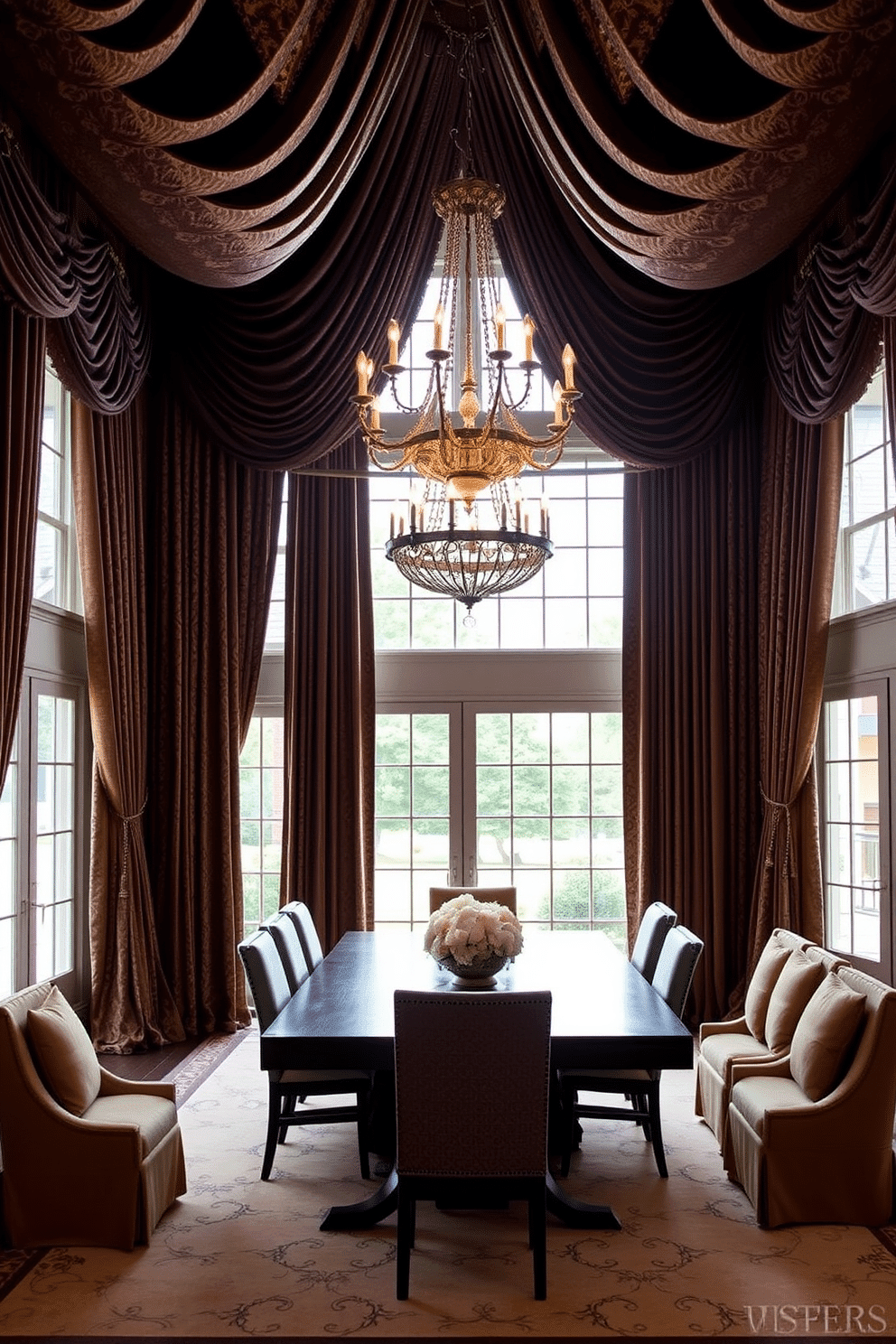 Dramatic drapery in rich, deep hues cascades elegantly from the ceiling, framing large windows that allow natural light to flood the room. The fabric features intricate patterns that add texture and depth, enhancing the overall sophistication of the space. A grand dining table made of dark wood takes center stage, surrounded by plush upholstered chairs in complementary colors. A stunning chandelier hangs above, casting a warm glow and creating an inviting atmosphere for gatherings.