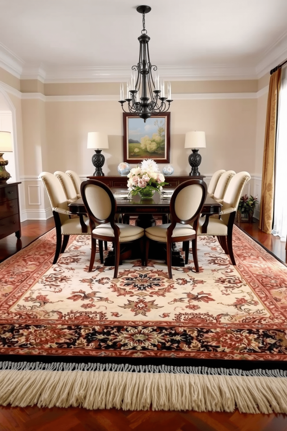 A large area rug anchors the formal dining room, featuring an intricate pattern that complements the elegant decor. The dining table, made of rich mahogany, is surrounded by upholstered chairs in a soft cream fabric, creating a warm and inviting atmosphere.