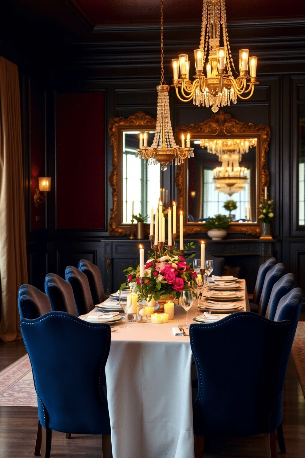 A candlelit centerpiece graces a long, elegantly set dining table, surrounded by plush upholstered chairs in rich navy. The table is adorned with fine china, crystal glassware, and a lush floral arrangement, all illuminated by the soft glow of flickering candles. The formal dining room features a stunning chandelier overhead, casting warm light across the room. Dark wood paneling and a deep burgundy accent wall create a sophisticated backdrop, complemented by a large, ornate mirror that enhances the space's grandeur.