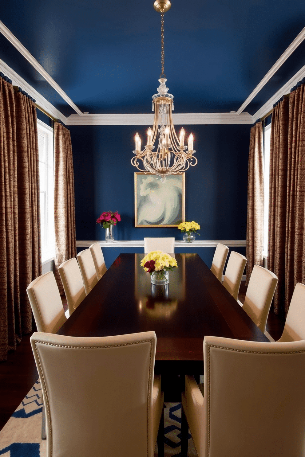 A bold accent wall in deep navy blue serves as the backdrop for an elegant formal dining room. The room features a long, dark wood table surrounded by upholstered chairs in a complementary shade of cream, creating a striking contrast. A stunning chandelier hangs above the table, casting a warm glow over the space. Richly textured drapes frame the large windows, enhancing the room's sophisticated ambiance while providing a touch of luxury.