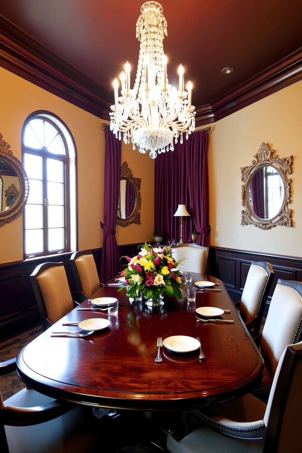 A formal dining room features an elegant wooden table set for eight, surrounded by plush upholstered chairs. Decorative mirrors are strategically placed on the walls to enhance natural light, reflecting the soft glow of a crystal chandelier above. The room is adorned with rich, warm colors, including deep burgundy curtains that frame large windows. A tasteful centerpiece of seasonal flowers rests on the table, complemented by fine china and polished silverware.