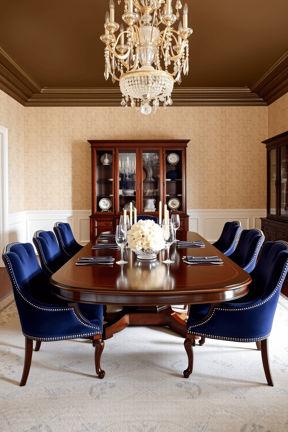 A rich mahogany dining table serves as the centerpiece of an elegant formal dining room. Surrounding the table are plush upholstered chairs in deep navy, creating a striking contrast against the warm wood tones. The walls are adorned with soft cream wallpaper, enhancing the room's sophisticated ambiance. A stunning crystal chandelier hangs above, casting a warm glow over the space and accentuating the fine details of the table setting.