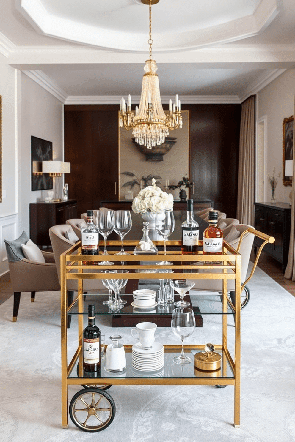 A stylish bar cart for entertaining guests. The cart features a sleek gold frame with glass shelves, adorned with a selection of premium spirits and elegant glassware. Formal dining room design ideas. The space showcases a long, dark wood table surrounded by upholstered chairs, with a stunning chandelier hanging above, casting a warm glow over the room.