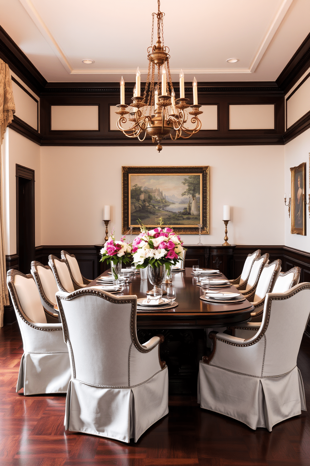 A formal dining room features an elegant wooden table set for eight, adorned with lush floral arrangements in ornate vases as centerpieces. The room is illuminated by a grand chandelier, casting a warm glow over the rich, dark wood flooring and soft cream-colored walls. Surrounding the table are plush upholstered chairs, each with intricate detailing that complements the overall sophistication of the space. A large, framed artwork hangs on the wall, adding a touch of color and elegance to the refined atmosphere.