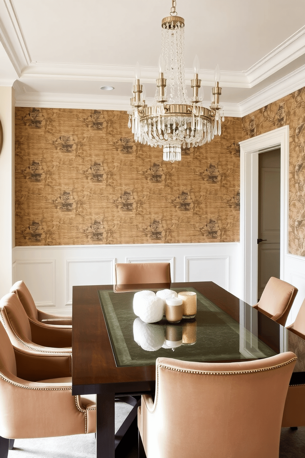 A formal dining room featuring a blend of mixed materials for a layered aesthetic. The table is a sleek dark wood with a polished glass top, surrounded by upholstered chairs in a rich velvet fabric. The walls are adorned with elegant wainscoting painted in a soft cream color, contrasting with a bold, textured wallpaper on one accent wall. A stunning chandelier made of crystal and metal hangs above the table, casting a warm glow over the space.