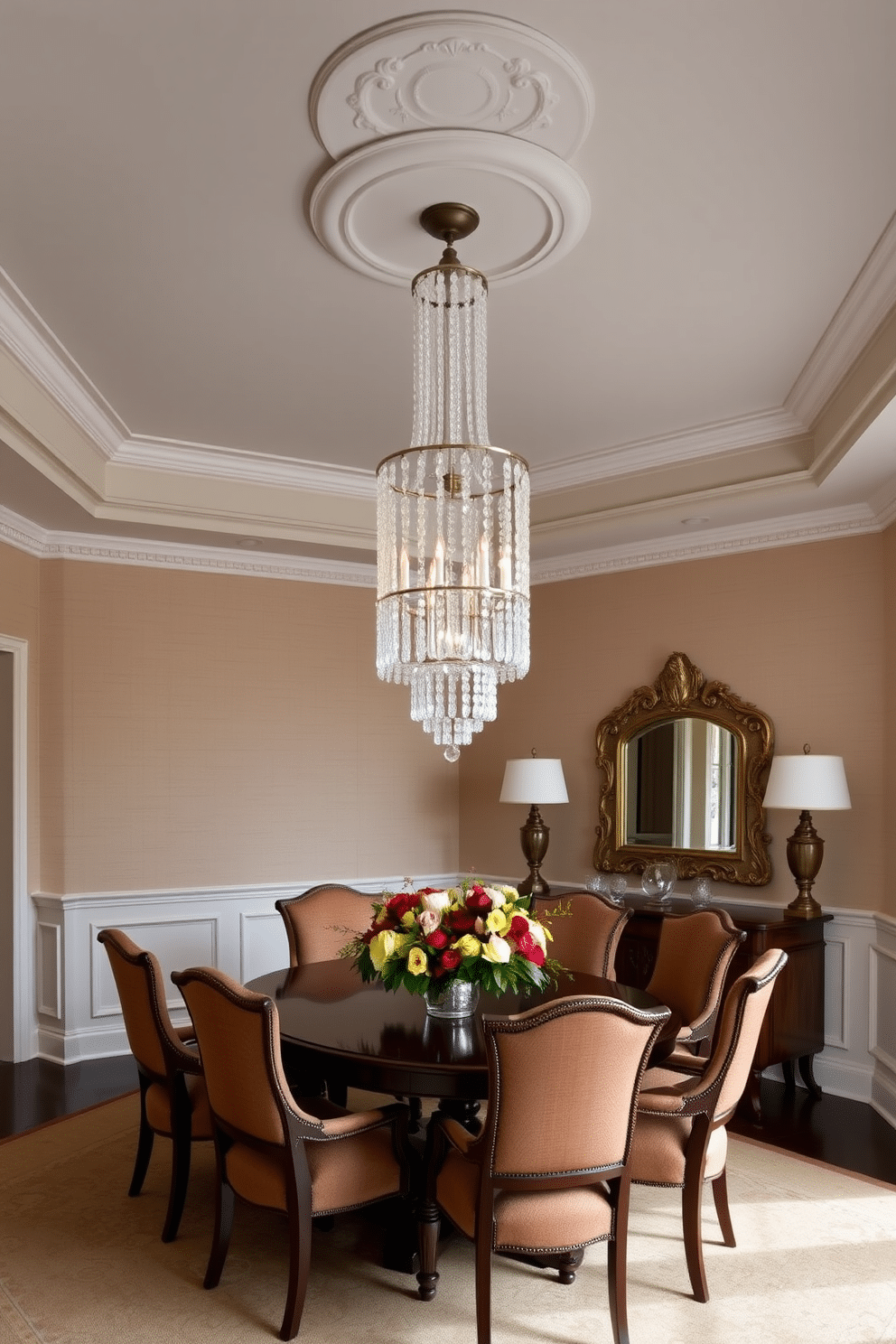 Crown molding elegantly frames the ceiling, enhancing the room's height and sophistication. The formal dining room features a grand chandelier that cascades light onto a polished wooden table, surrounded by upholstered chairs in a rich fabric. The walls are adorned with wainscoting, adding texture and depth to the space. A large, ornate mirror reflects the room's beauty, while a tasteful centerpiece of seasonal flowers graces the table, inviting guests to gather.