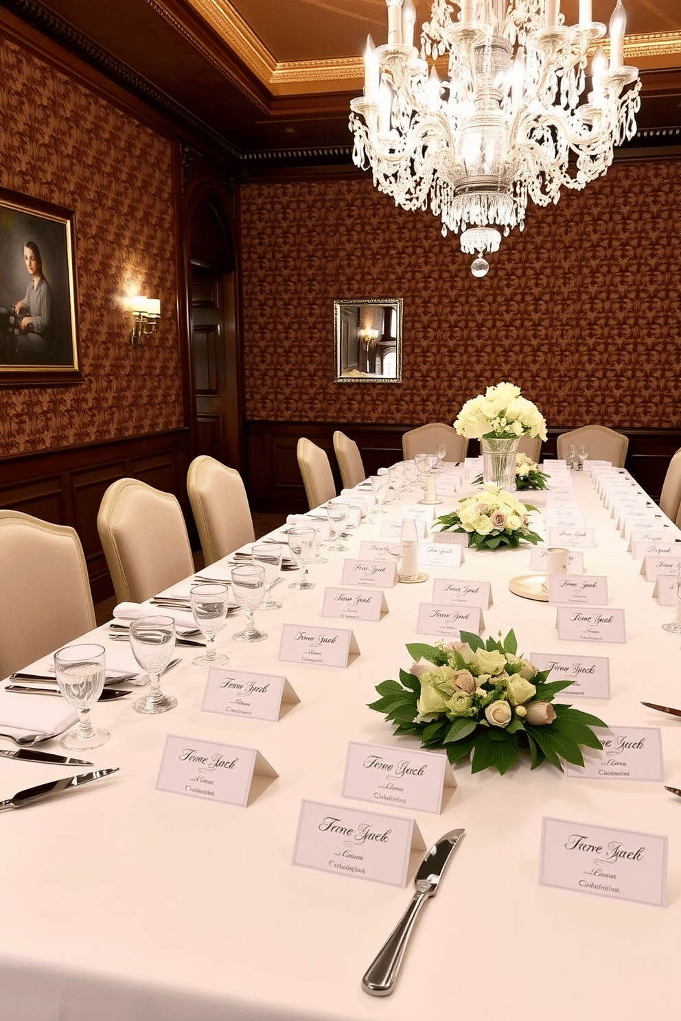 Personalized place cards elegantly arranged on a beautifully set dining table. The table features a crisp white tablecloth, fine china, and polished silverware, with each place card uniquely designed to match the theme of the occasion. A sophisticated formal dining room with a large, ornate chandelier hanging above a long, mahogany dining table. The walls are adorned with rich, textured wallpaper, and plush upholstered chairs surround the table, creating an inviting atmosphere for guests.