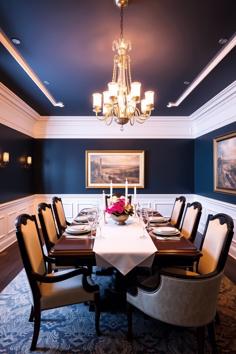 A formal dining room featuring an elegant wooden table set for eight, adorned with a crisp white tablecloth and fine china. Soft lighting from a stunning chandelier above casts a warm glow, complemented by dimmer switches that allow for customizable ambiance. The walls are painted in a rich navy blue, accented with white wainscoting that adds depth and sophistication. Plush upholstered chairs surround the table, and a large piece of artwork hangs prominently on one wall, enhancing the room's refined atmosphere.