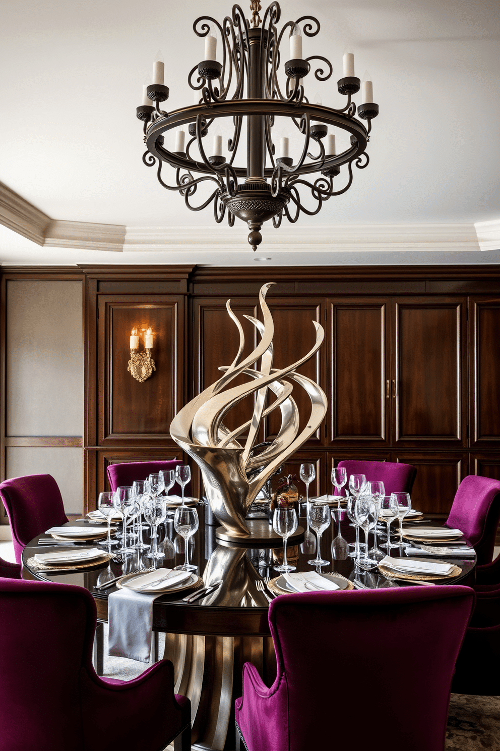 A sculptural centerpiece dominates the table, crafted from polished metal and featuring organic curves that draw the eye. Surrounding the centerpiece, an elegant table setting showcases fine china and crystal glassware, complemented by soft, ambient lighting from an ornate chandelier above. The formal dining room features rich, dark wood paneling that adds warmth and sophistication to the space. Plush upholstered chairs in a deep jewel tone encircle the table, creating an inviting atmosphere for intimate gatherings.